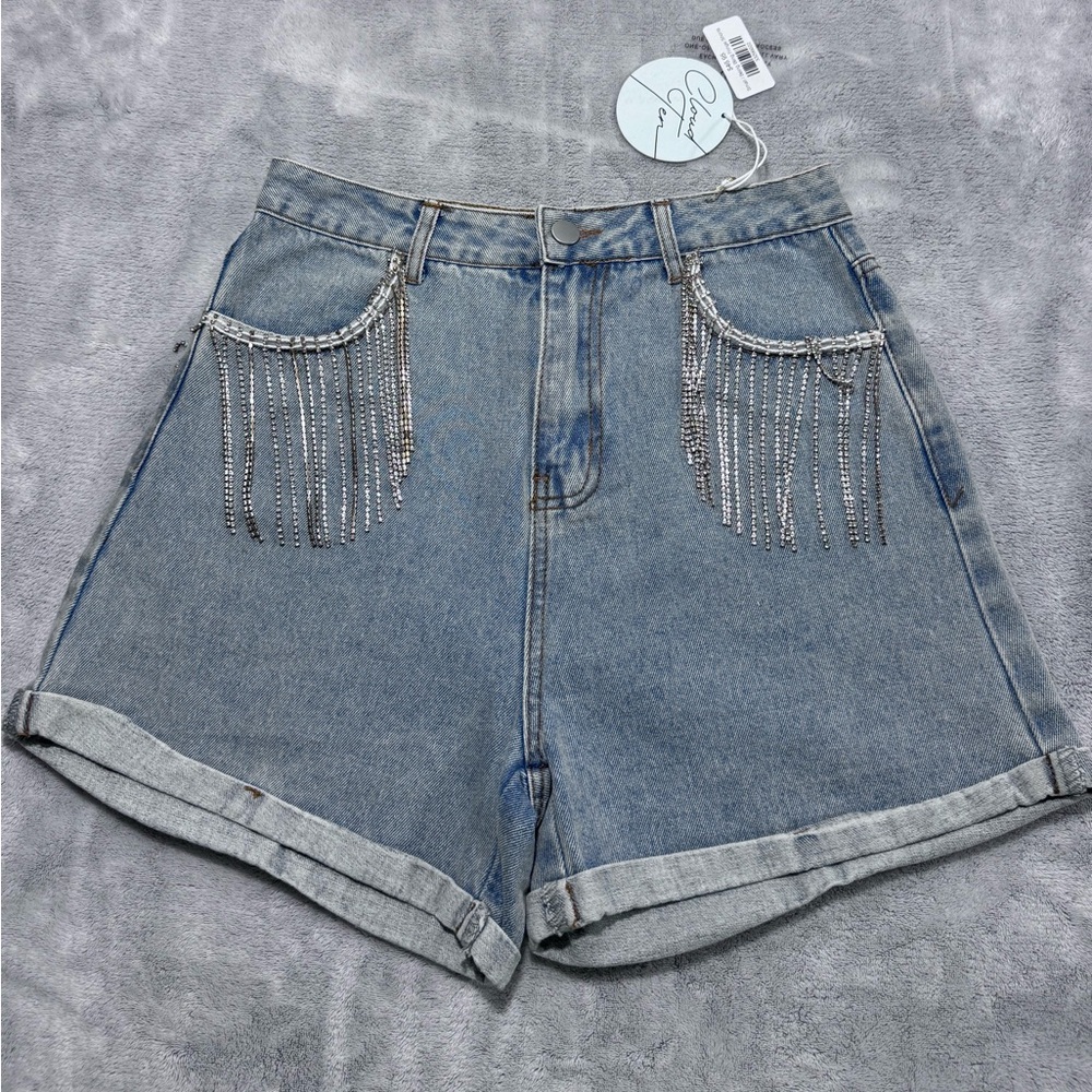 CLOUD TEN S BEING BLING FRINGE SHORTS CUFFED DENIM HI WAIST RHINESTONES SEQUINS